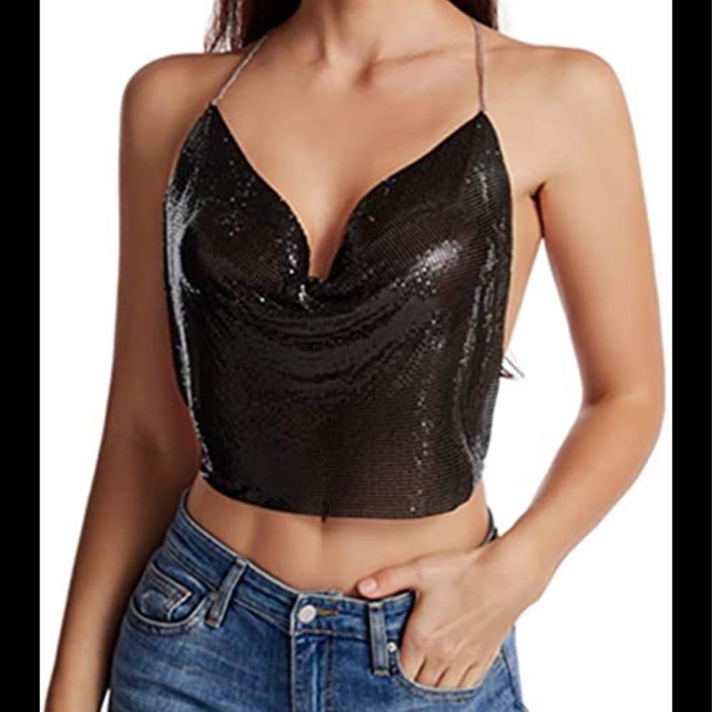 Black metal sequin halter top backless sexy crop